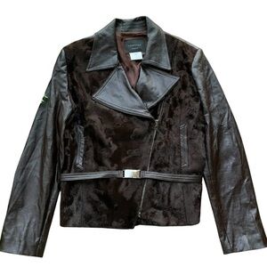 Vertigo Paris Faux Leather Fur Belted Zip Moto Jacket Black Brown Size Large